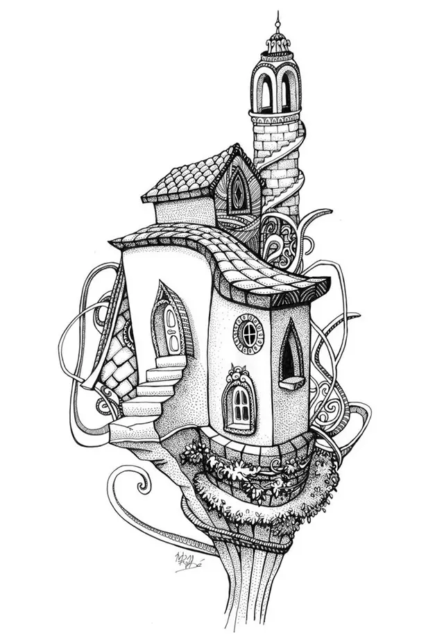 Coloriage Adulte Architecture Maison Arbre - Arbre à imprimer