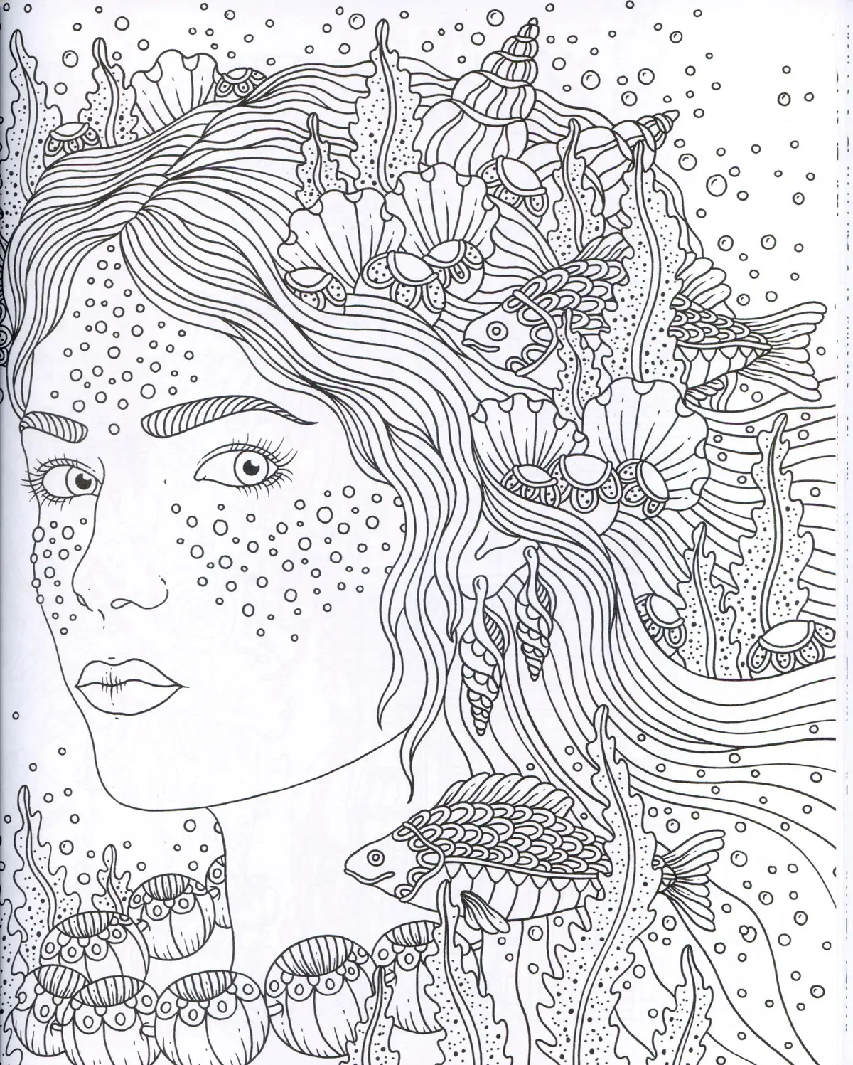 Coloriage Adulte Complexe Femme Ocean Poisson - Adulte à imprimer
