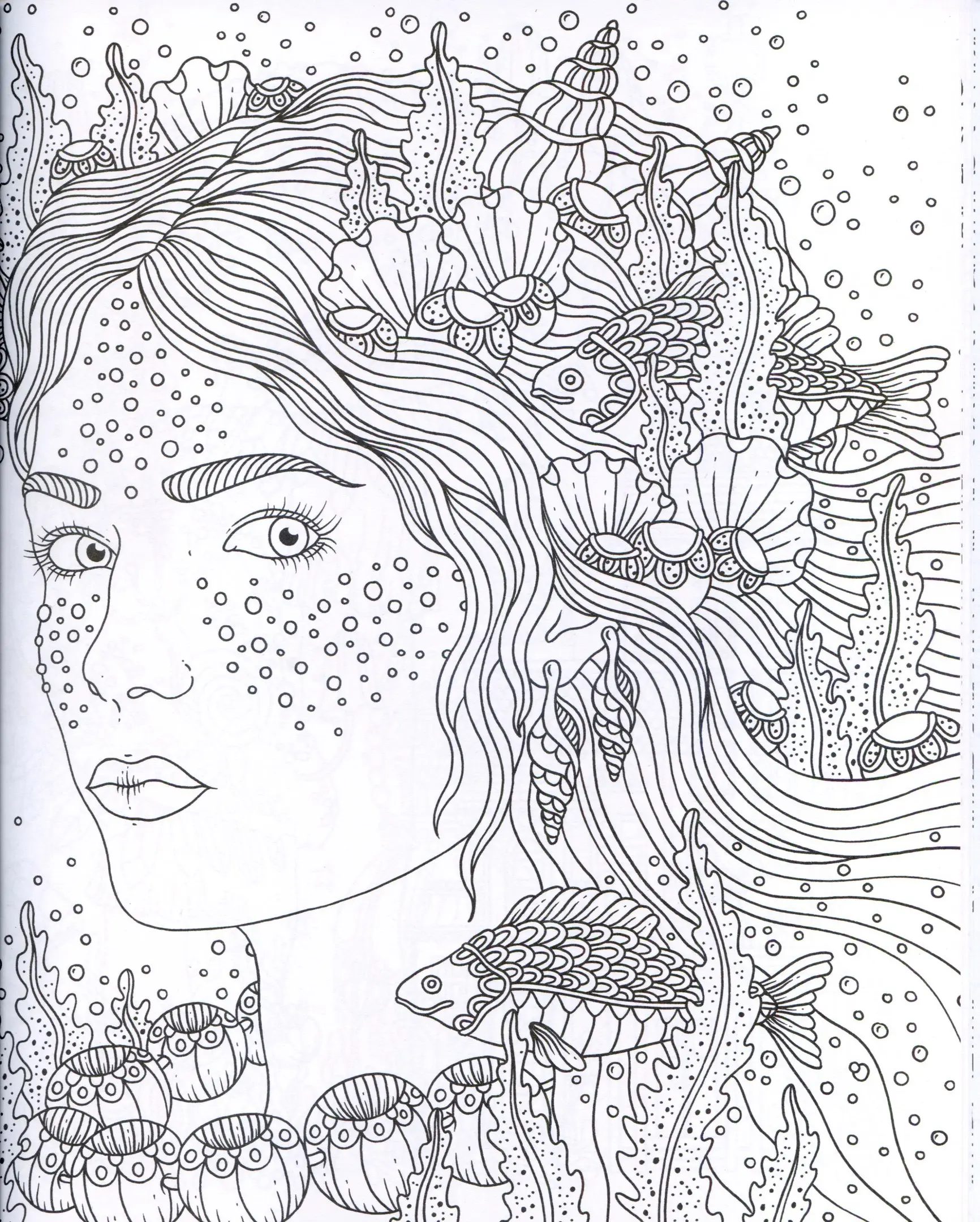 Coloriage Adulte Complexe Femme Ocean Poisson - Adulte à imprimer