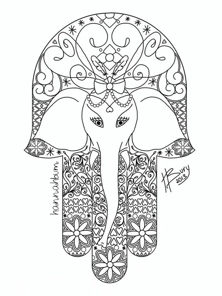 Coloriage Adulte Éléphant Hamsa - Adulte à imprimer