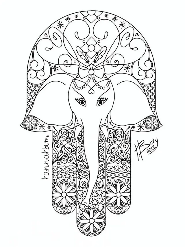Coloriage Adulte Éléphant Hamsa - Adulte à imprimer