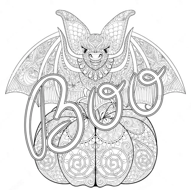 Coloriage Adulte Halloween Zentangle Chauve-souris Citrouille - Adulte à imprimer