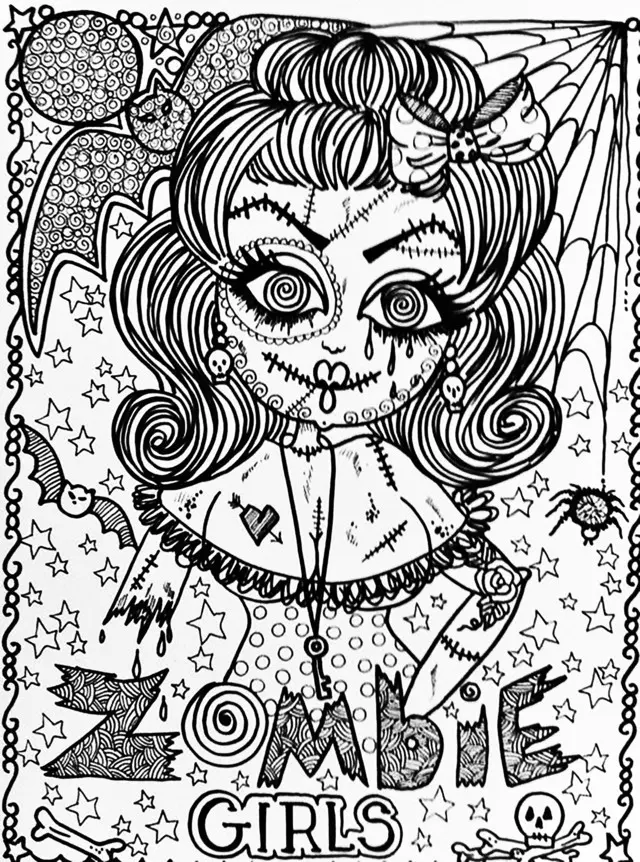 Coloriage Adulte Halloween Zombie Fille - Adulte à imprimer