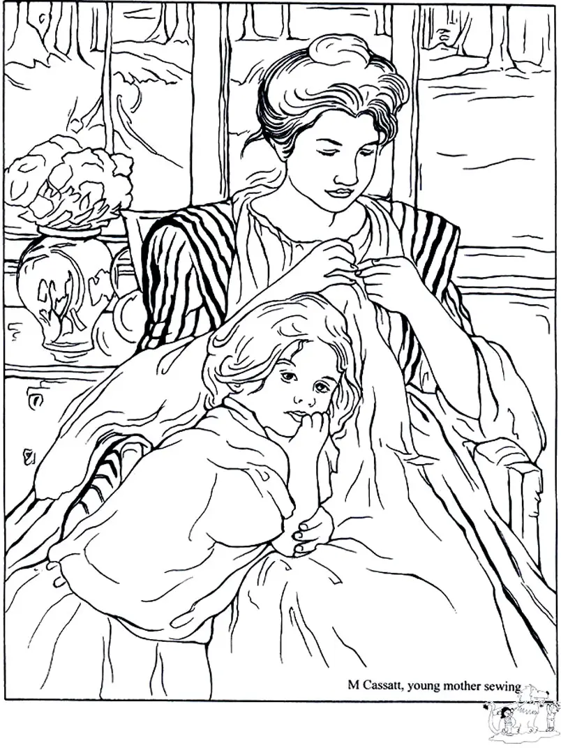 Coloriage Adulte M Cassat Jeune Mère Cousant - Fête des mères à imprimer