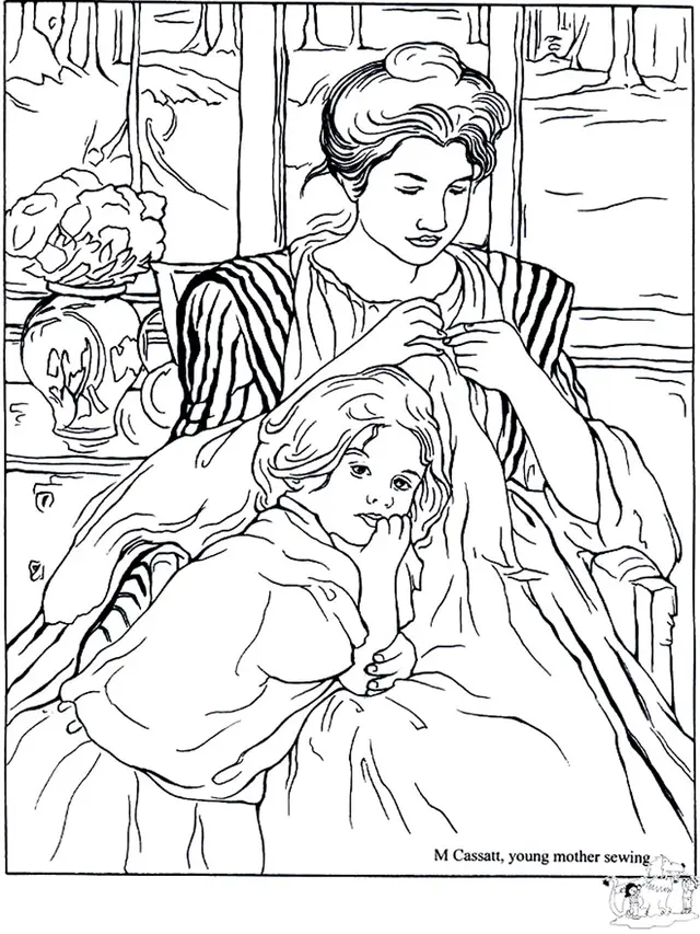 Coloriage Adulte M Cassat Jeune Mère Cousant - Fête des mères à imprimer