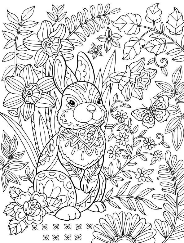 Coloriage Adulte Pâques Lapin Fleurs - Pâques adulte à imprimer