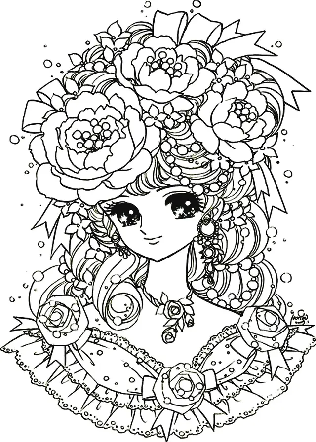 Coloriage Adulte Retour Enfance Fille Manga Fleurs - Manga à imprimer