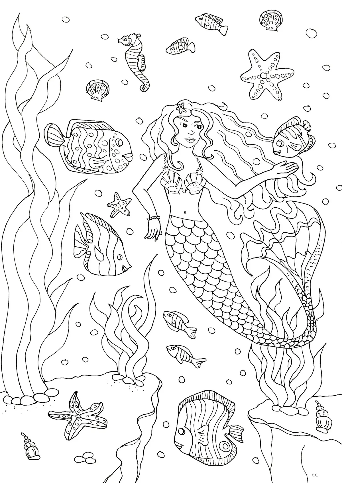 Coloriage Adulte Sirène Et Poissons - Sirène à imprimer