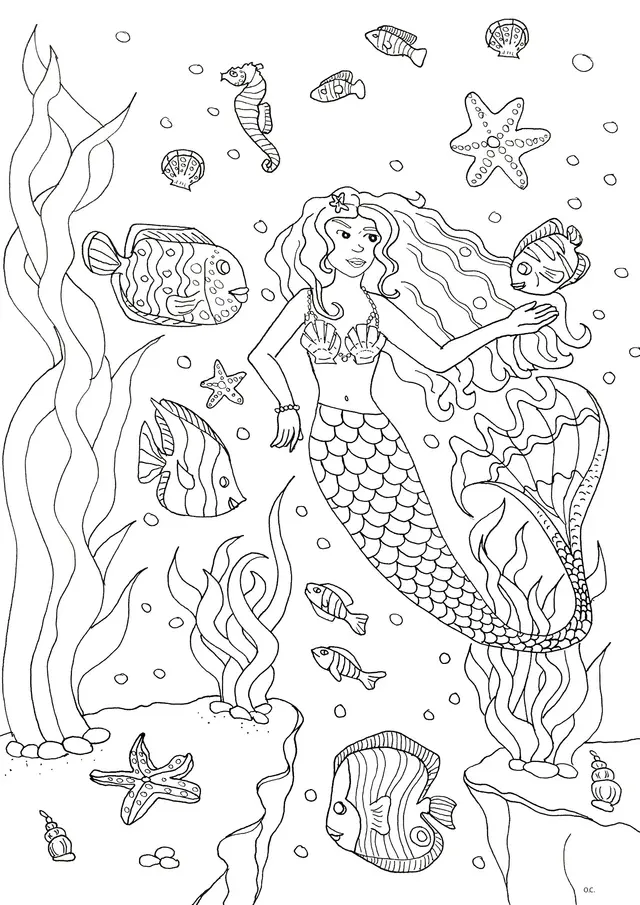 Coloriage Adulte Sirène Et Poissons - Sirène à imprimer