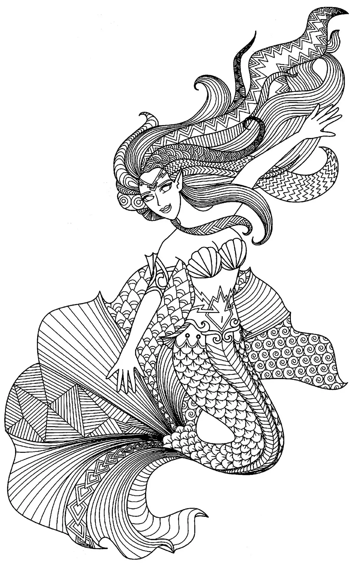 Coloriage Adulte Zentangle Sirène Élégante - Sirène à imprimer