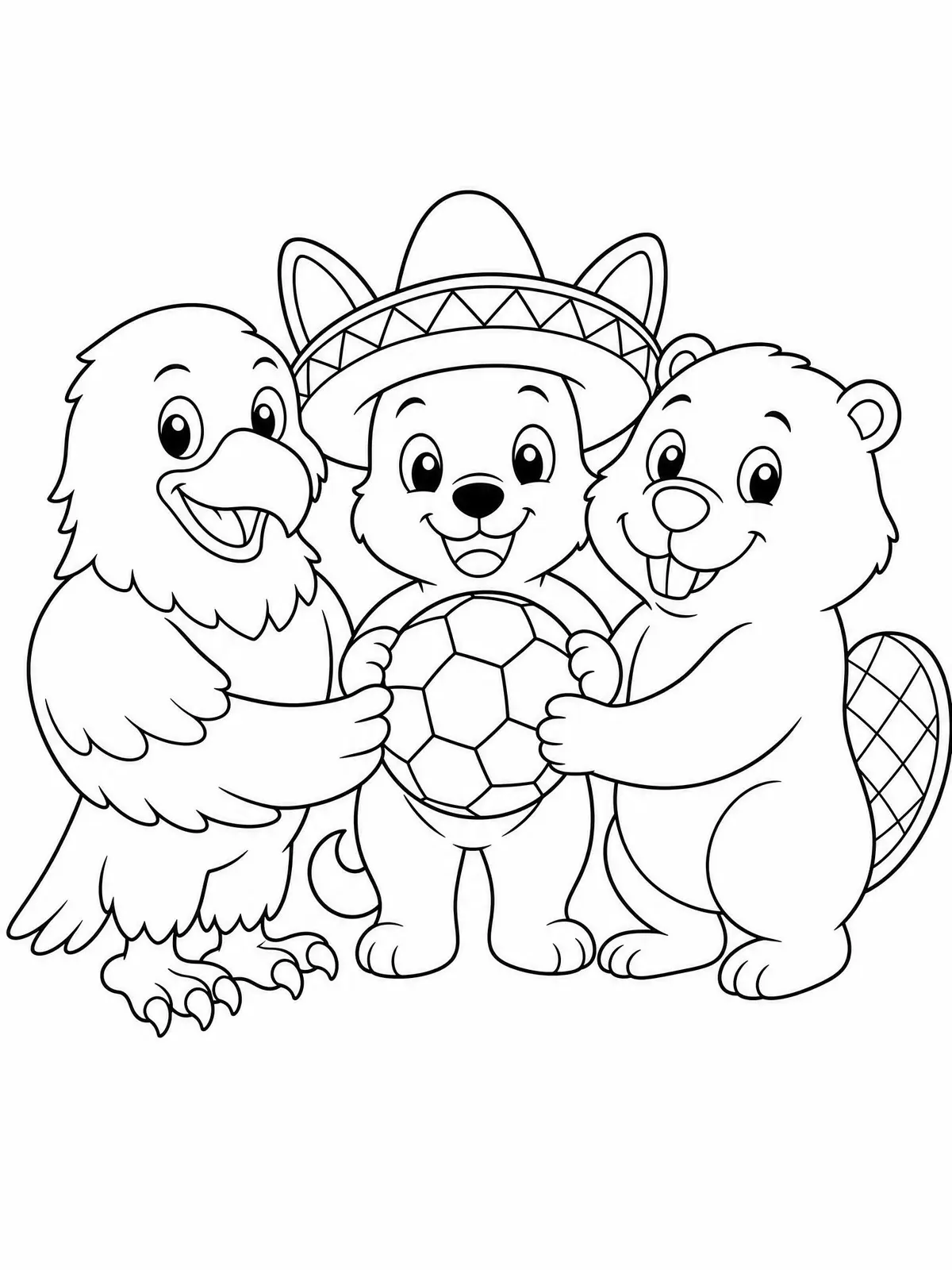 Eagle, Coyote, and Beaver: USA, Mexico & Canada World Cup 2026 coloring page to print