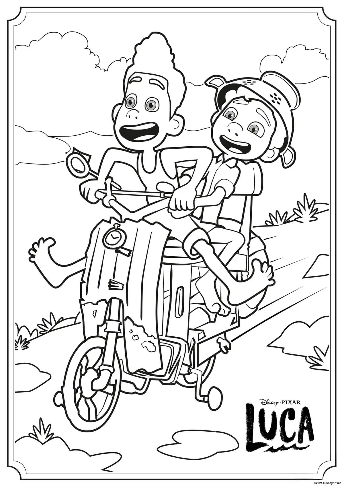 Ausmalbild Alberto und Luca auf einem Motorrad in voller Fahrt zum Ausdrucken