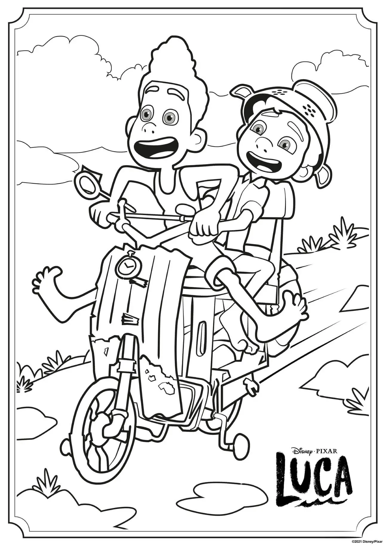 Coloriage Alberto Et Luca Sur Une Moto En Pleine Vitesse - Luca de Disney Pixar à imprimer