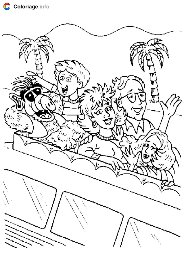 Desenho de Alf e os Tanners no carro para colorir