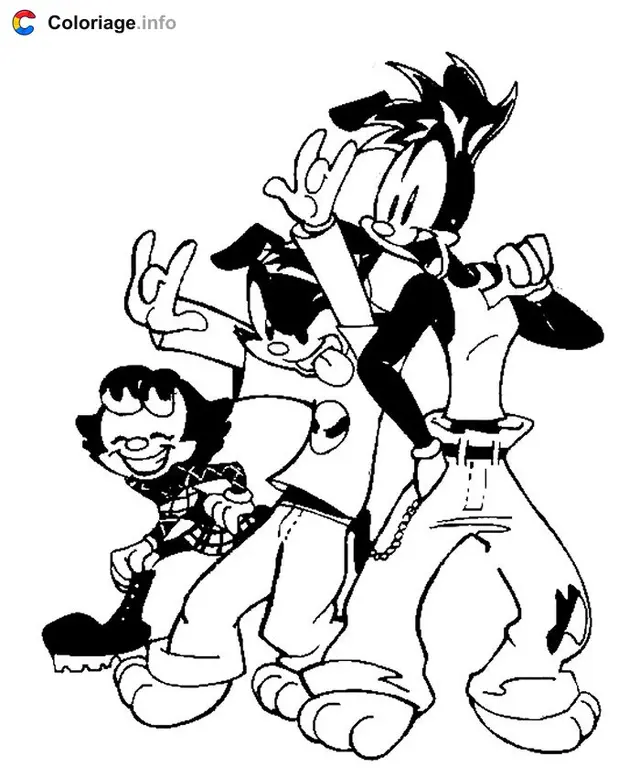 Coloriage Les trois frères Warner en action - Animaniacs à imprimer