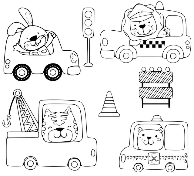 Coloriage Animaux Conduisant Véhicules Taxi Moto Ambulance Construction - Voiture à imprimer