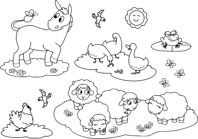 Farm Animals for Kids – Donkey, Goose, Hen, Sheep, and Frog coloring page to print