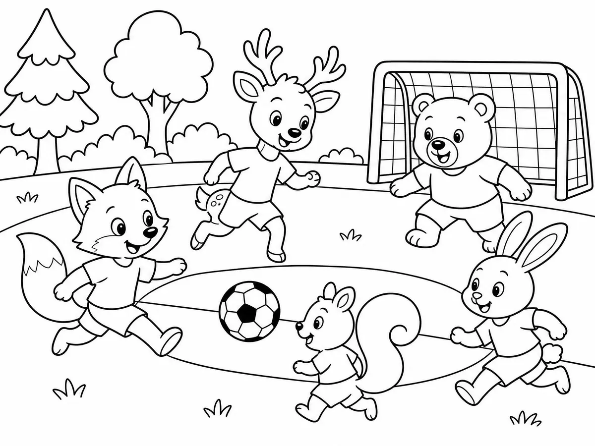 Kleurplaat Bosdieren spelen voetbal – vos, hert, beer en konijn – WK 2026 om te printen