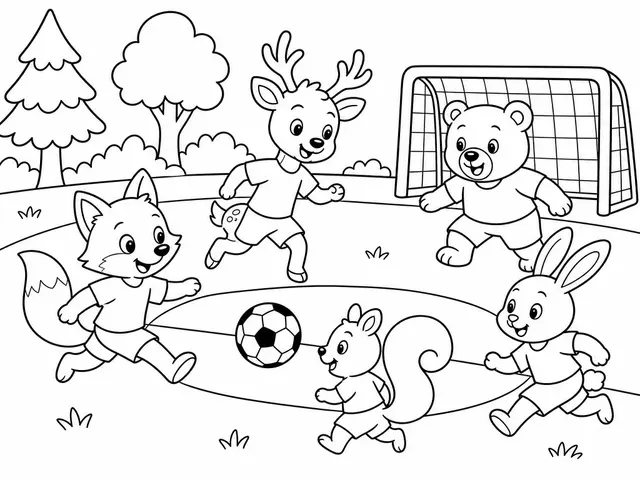 Desenho de Animais da floresta jogando futebol - Raposa, cervo, urso e coelho para colorir