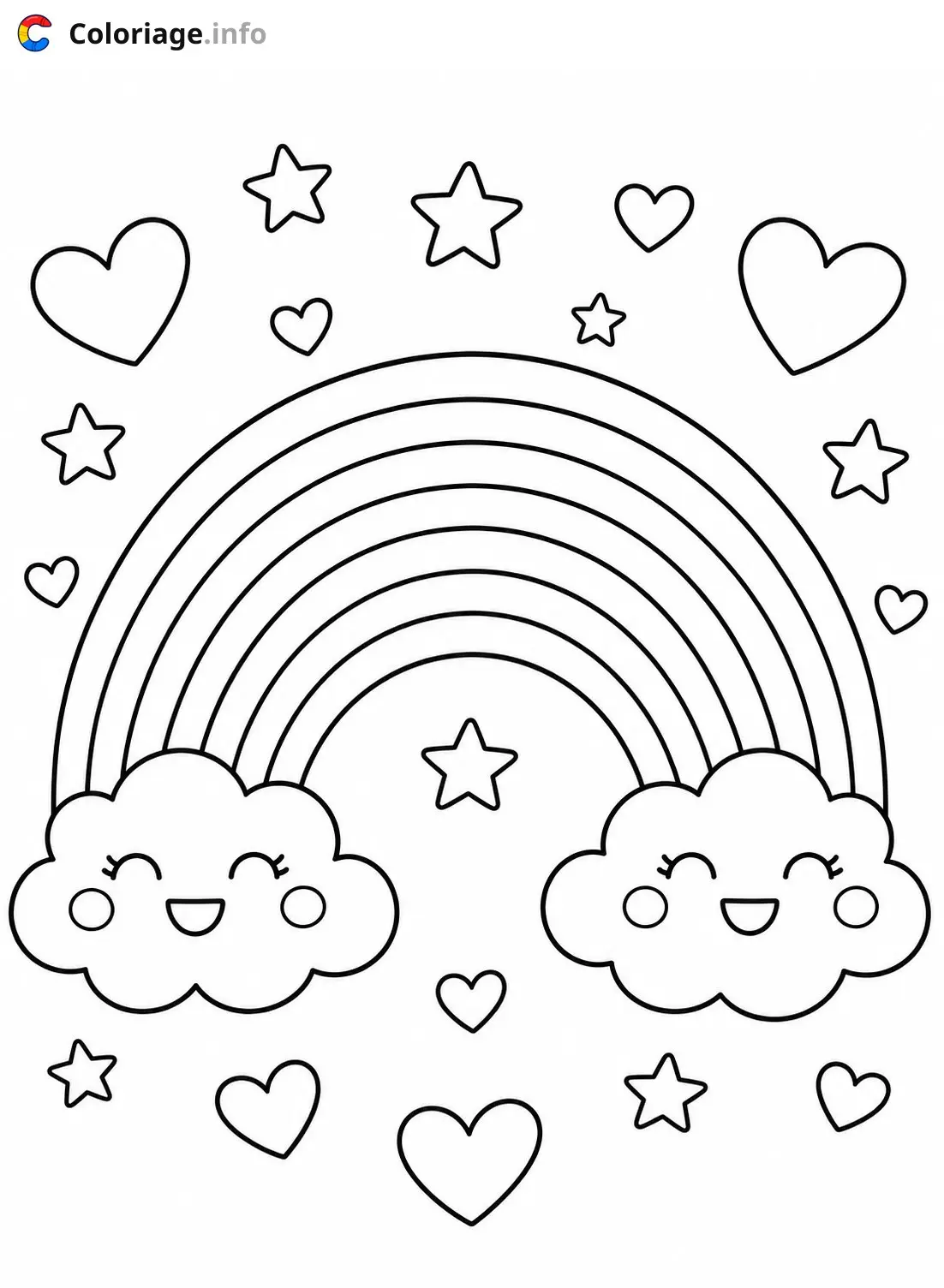 Coloriage Arc-en-ciel avec nuages souriants - Arc en ciel à imprimer