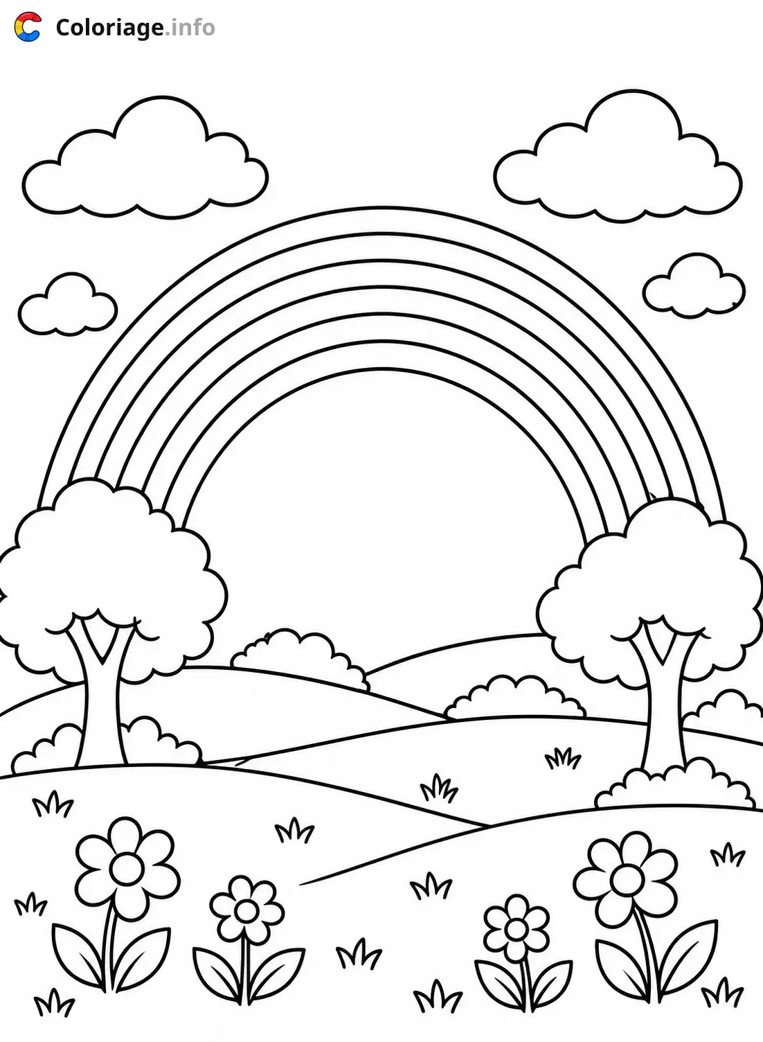 Coloriage Arc-en-ciel et paysage fleuri - Arc en ciel à imprimer