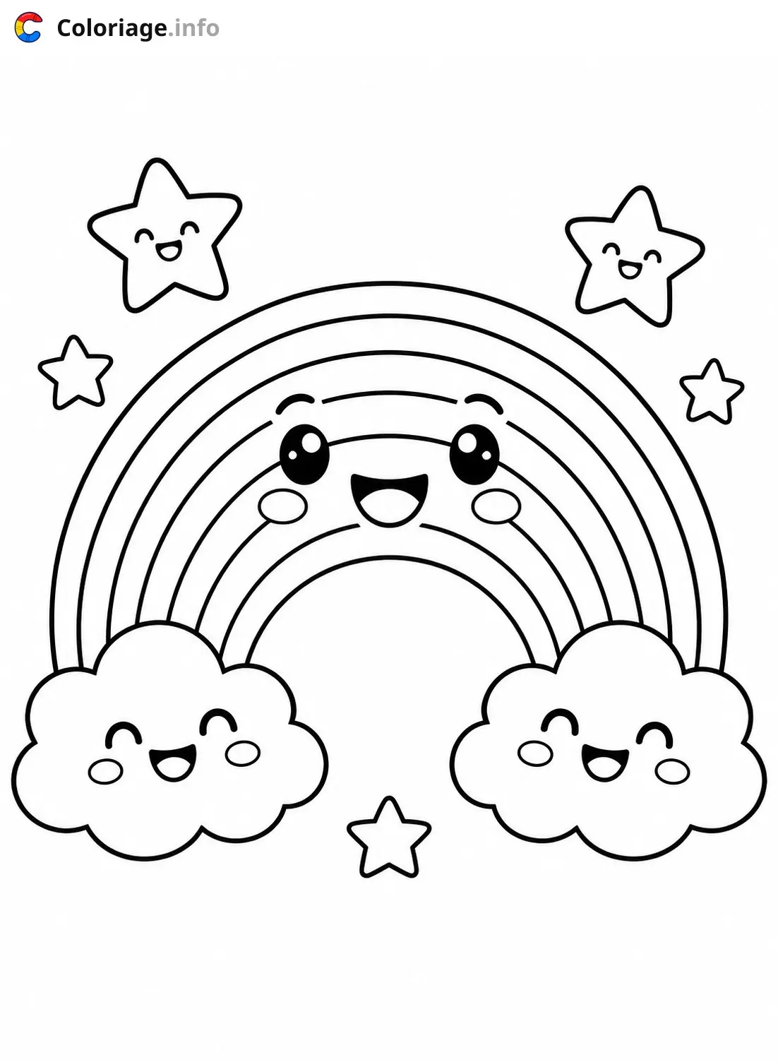 Coloriage Arc-en-ciel souriant avec nuages et étoiles - Arc en ciel à imprimer