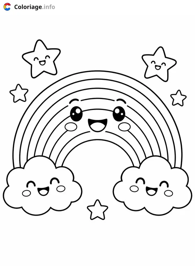 Coloriage Arc-en-ciel souriant avec nuages et étoiles - Arc en ciel à imprimer