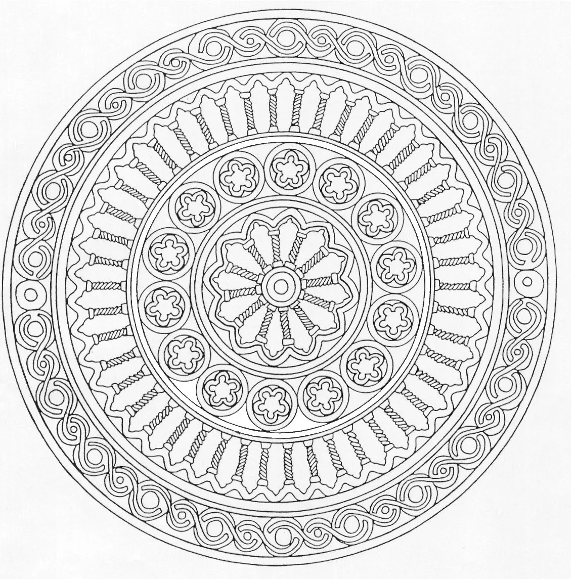 Zen Mandala with Floral Arabesques coloring page to print