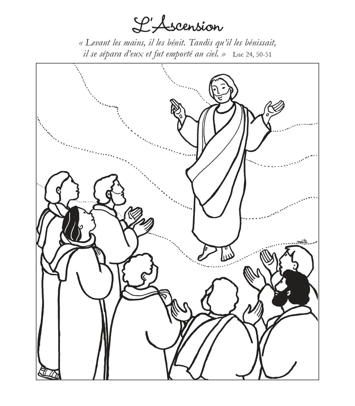 Coloriage Ascension Levant Les Mains Il Les Benit Et Se Separa Emporte Au Ciel - Jésus à imprimer