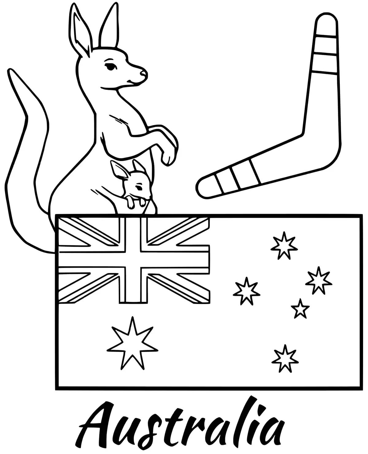 Ausmalbild Australien Flagge mit Boomerang zum Ausdrucken