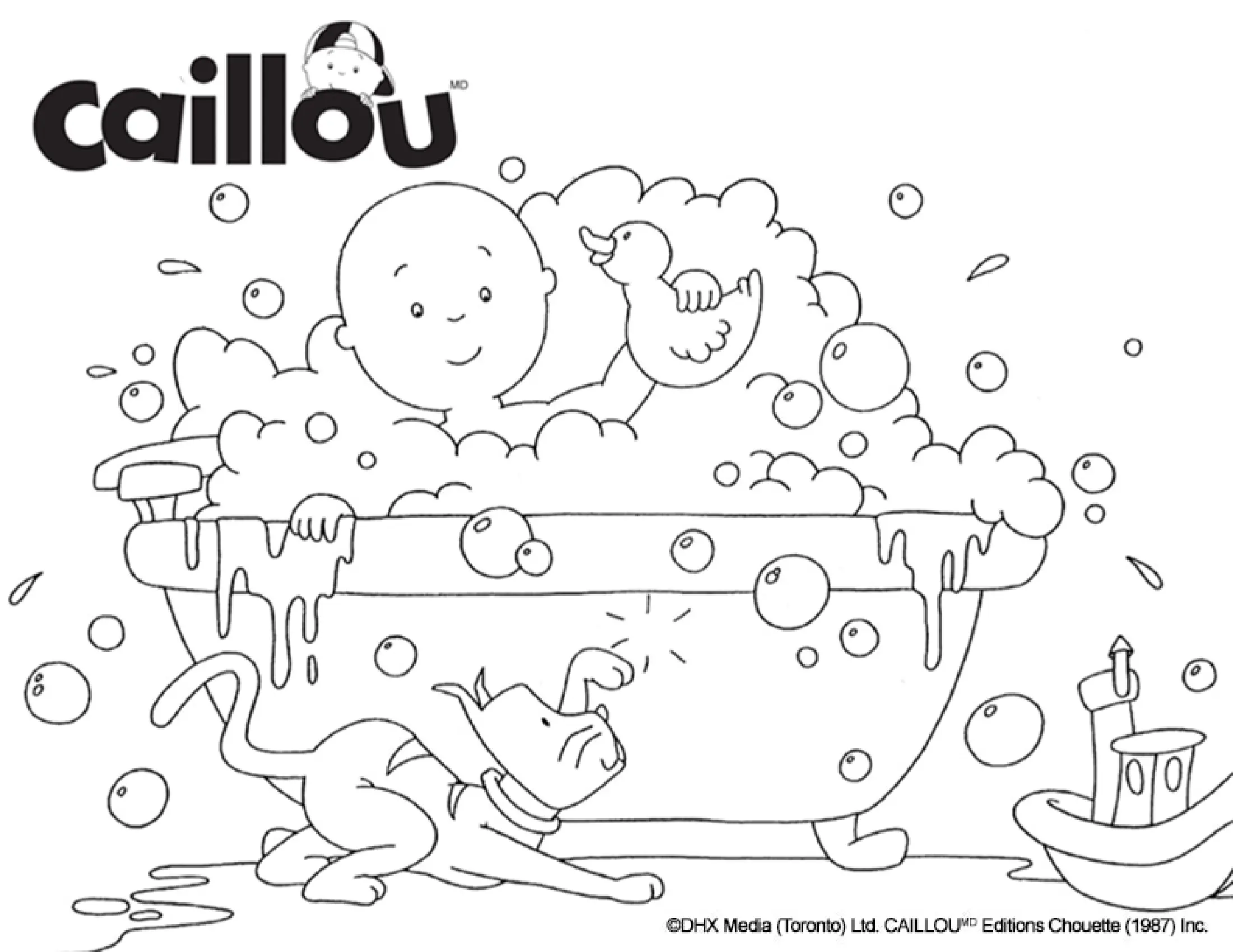 Coloriage Bain Moussant Avec Caillou Et Ses Jouets - Caillou à imprimer