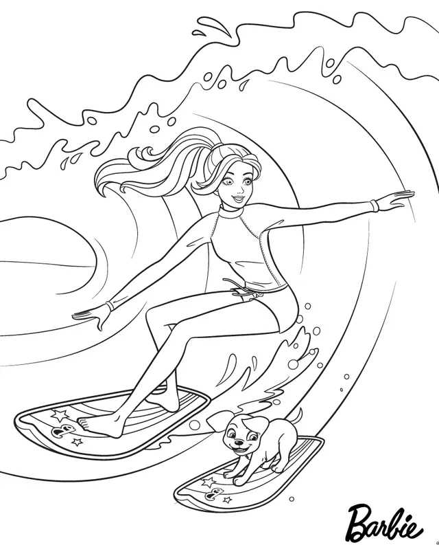 Coloriage Barbie Fait Du Surf Avec Son Chien - Barbie à imprimer