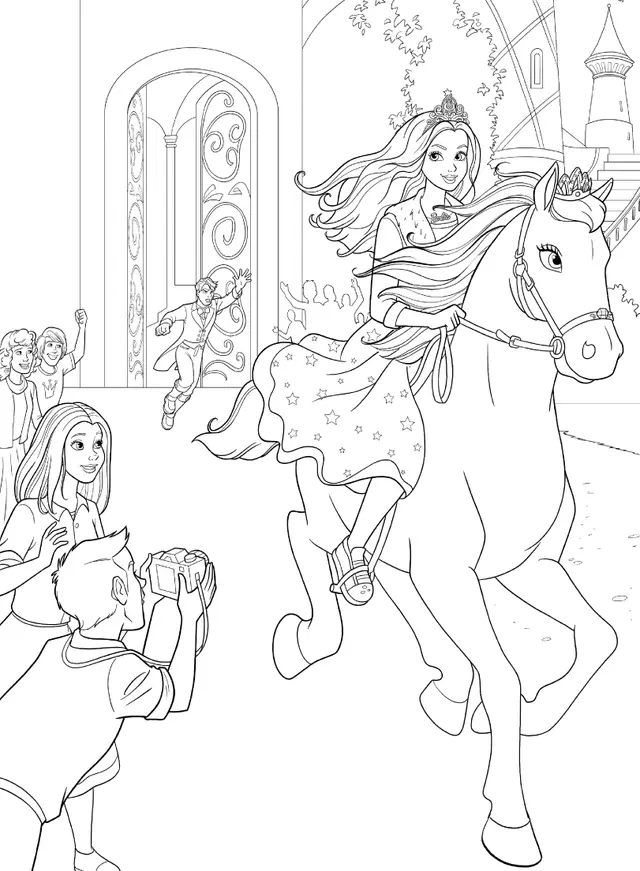 Ausmalbild Barbie Prinzessin mit ihrem Pferd Tawny zum Ausdrucken