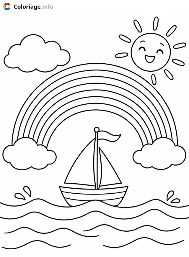 Kleurplaat Zeilboot onder de regenboog om te printen