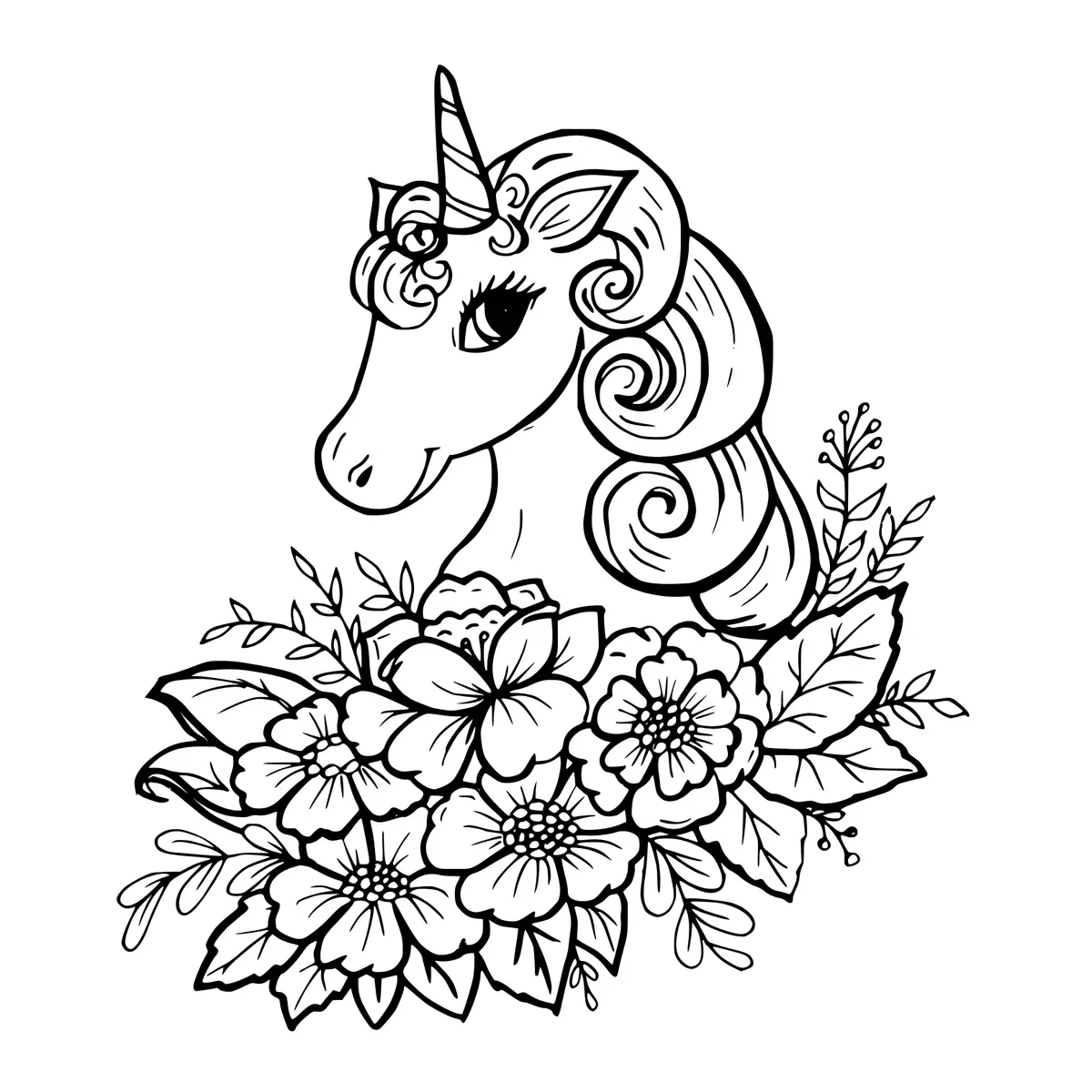 Disegno di Bella Unicorno con Fiori da stampare