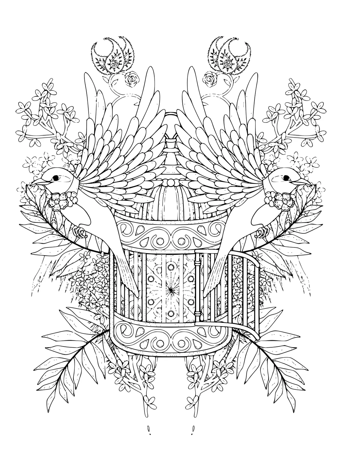 Coloriage Benediction Oiseaux Adulte Avec Des Elements Floraux - Adulte à imprimer