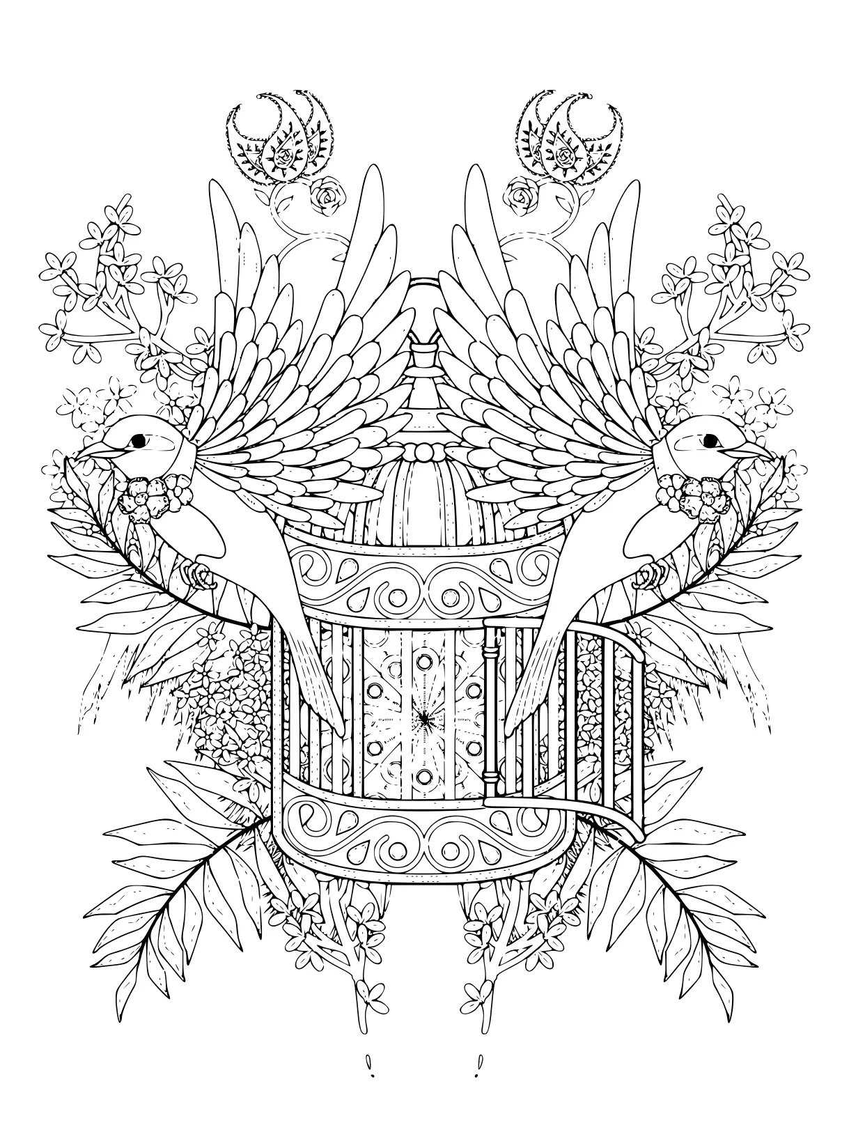 Coloriage Benediction Oiseaux Adulte Avec Des Elements Floraux - Adulte à imprimer
