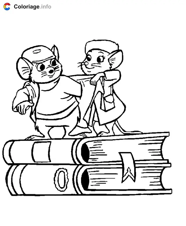 Desenho de Bernard e Bianca sobre 2 livros para colorir