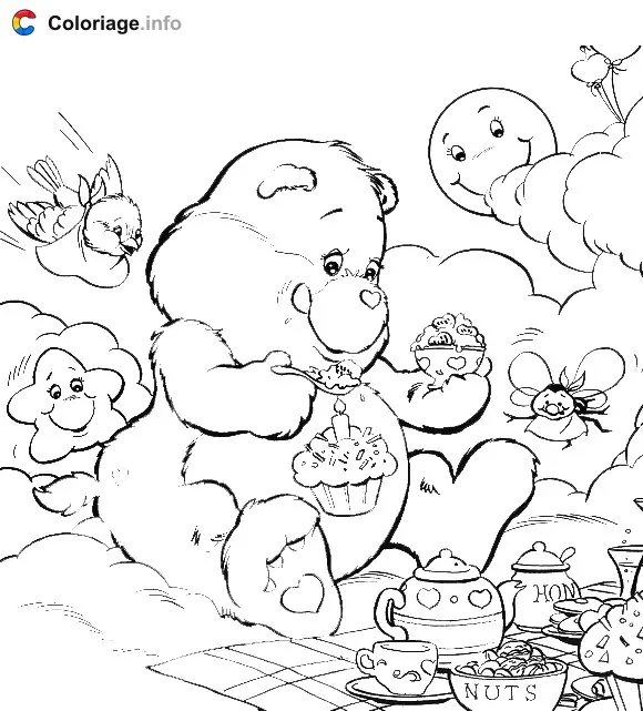 Coloriage Bisounours à l'heure du thé - Bisounours à imprimer