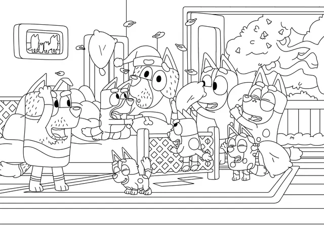 Coloriage Bluey Combat De Oreillers - Bluey à imprimer