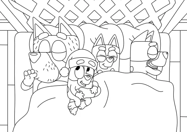 Coloriage Bluey Dort Avec La Famille - Bluey à imprimer