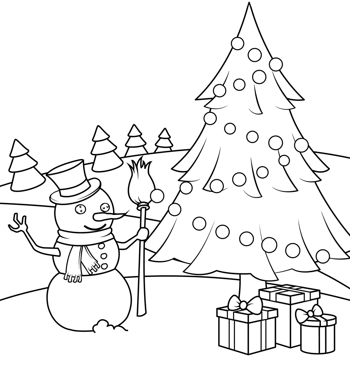 Coloriage Bonhomme De Neige Avec Un Sapin Et Des Cadeaux De Noël - Noël à imprimer