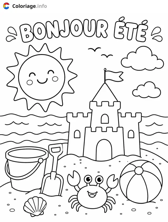 Coloriage Bonjour été à la plage - Été à imprimer