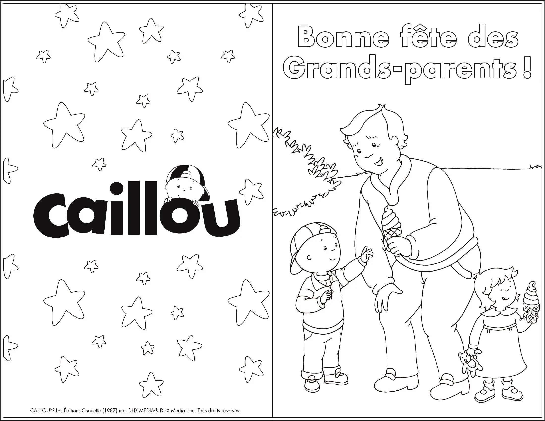 Coloriage Bonne Fête Des Grands Parents Avec Papi Caillou Et Mousseline - Caillou à imprimer
