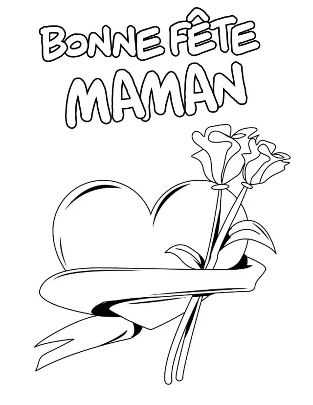 Coloriage Bonne Fête Maman Cœur Roses - Fête des mères à imprimer