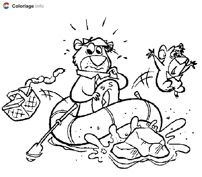 Coloriage Boubou et yogi sur un canot - Yogi l'ours à imprimer
