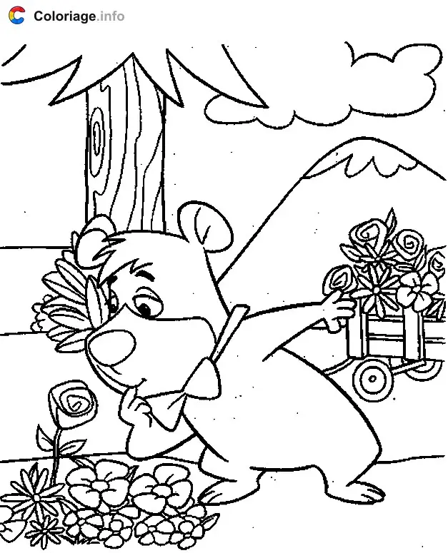 Coloriage Boubou regarde des fleurs - Yogi l'ours à imprimer
