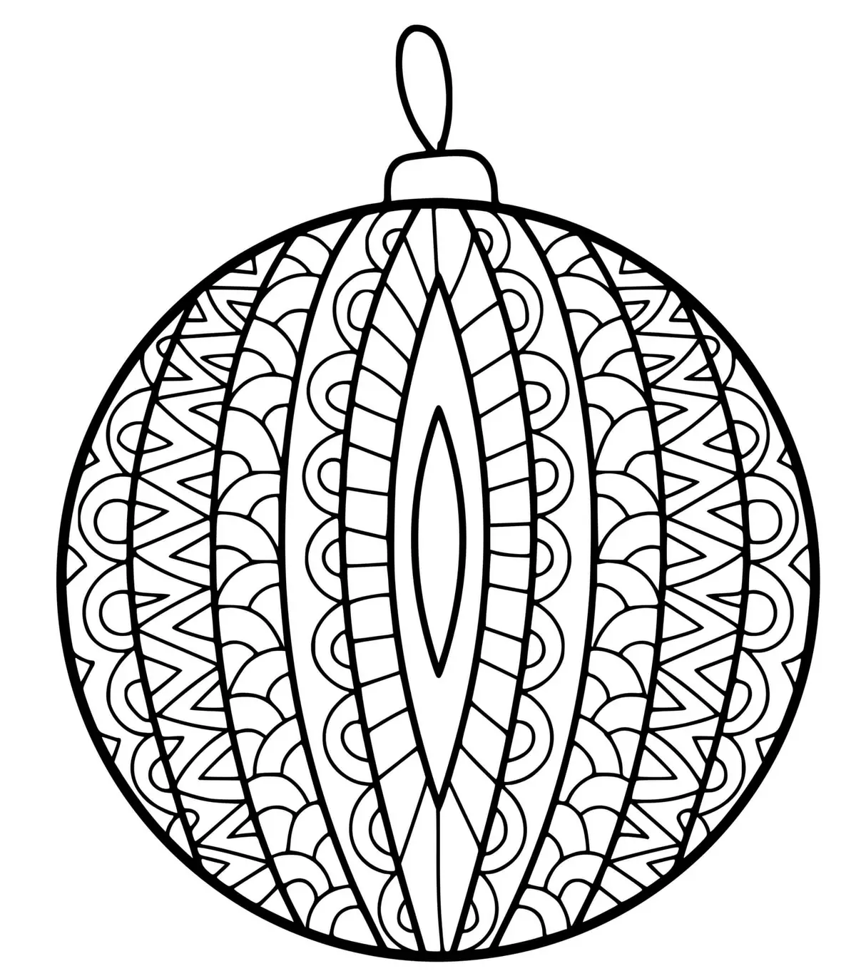 Ausmalbild Weihnachtskugel mit Zentangle-Muster für den Tannenbaum zum Ausdrucken