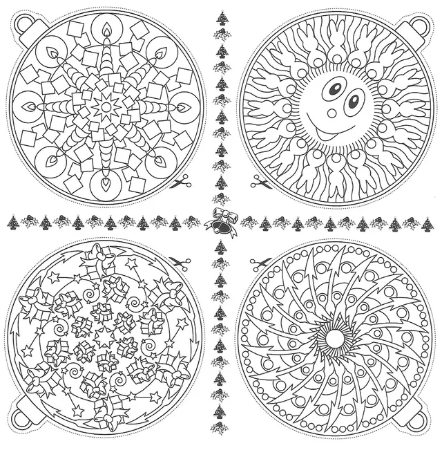 Ausmalbild Weihnachtskugeln Mandala zum Ausdrucken