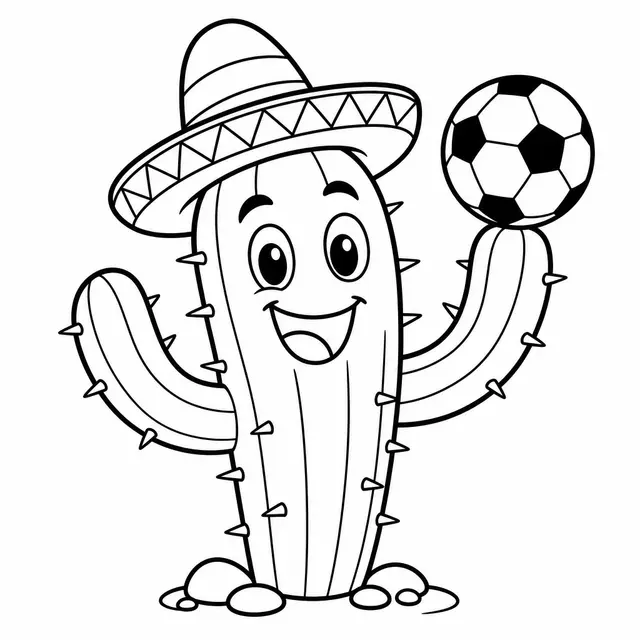 Desenho de Cacto com sombreiro mexicano segurando a bola da Copa do Mundo para colorir